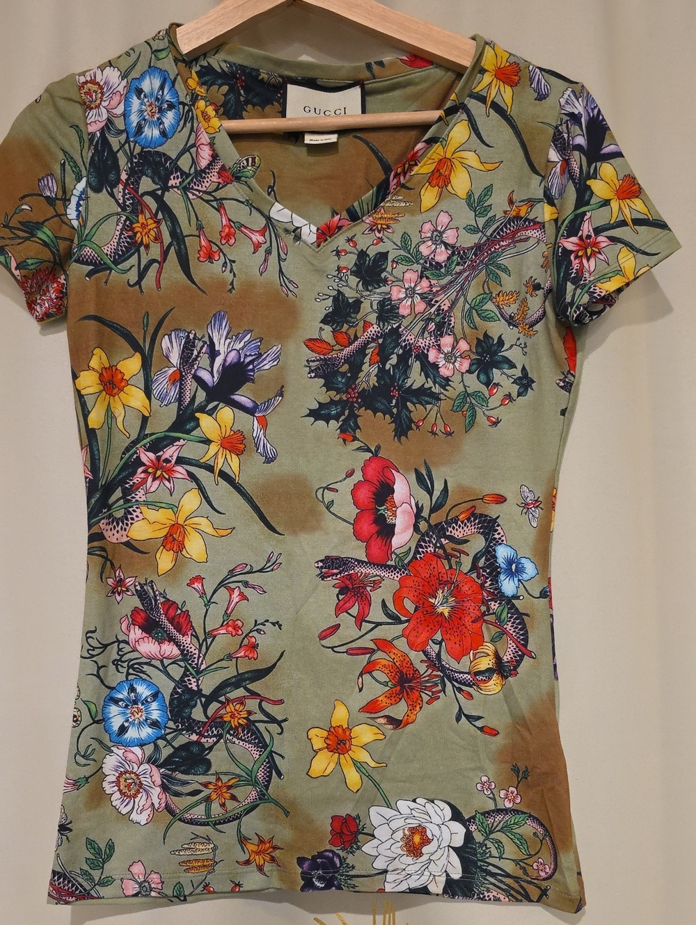 Gucci Olive Floral V-Neck Short Sleeve Tee with Multi-Color Print